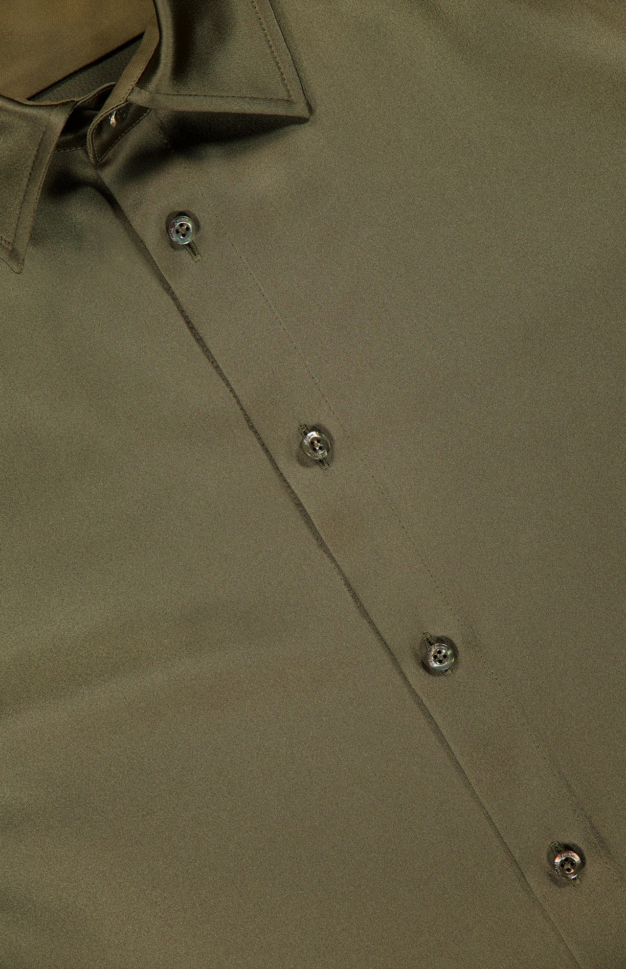 Close-up of the Adrien Satin Long Sleeve Button Front Shirt by RALPH LAUREN COLLECTION, in olive green. Features a pointed collar, four visible buttons, and a silky smooth, slightly shiny fabric for a luxurious look.