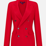 A striking red Camden Cashmere Jacket by RALPH LAUREN COLLECTION with a double-breasted design, wide lapels, six silver buttons, two front pockets, and a tailored fit is shown against a plain white background.