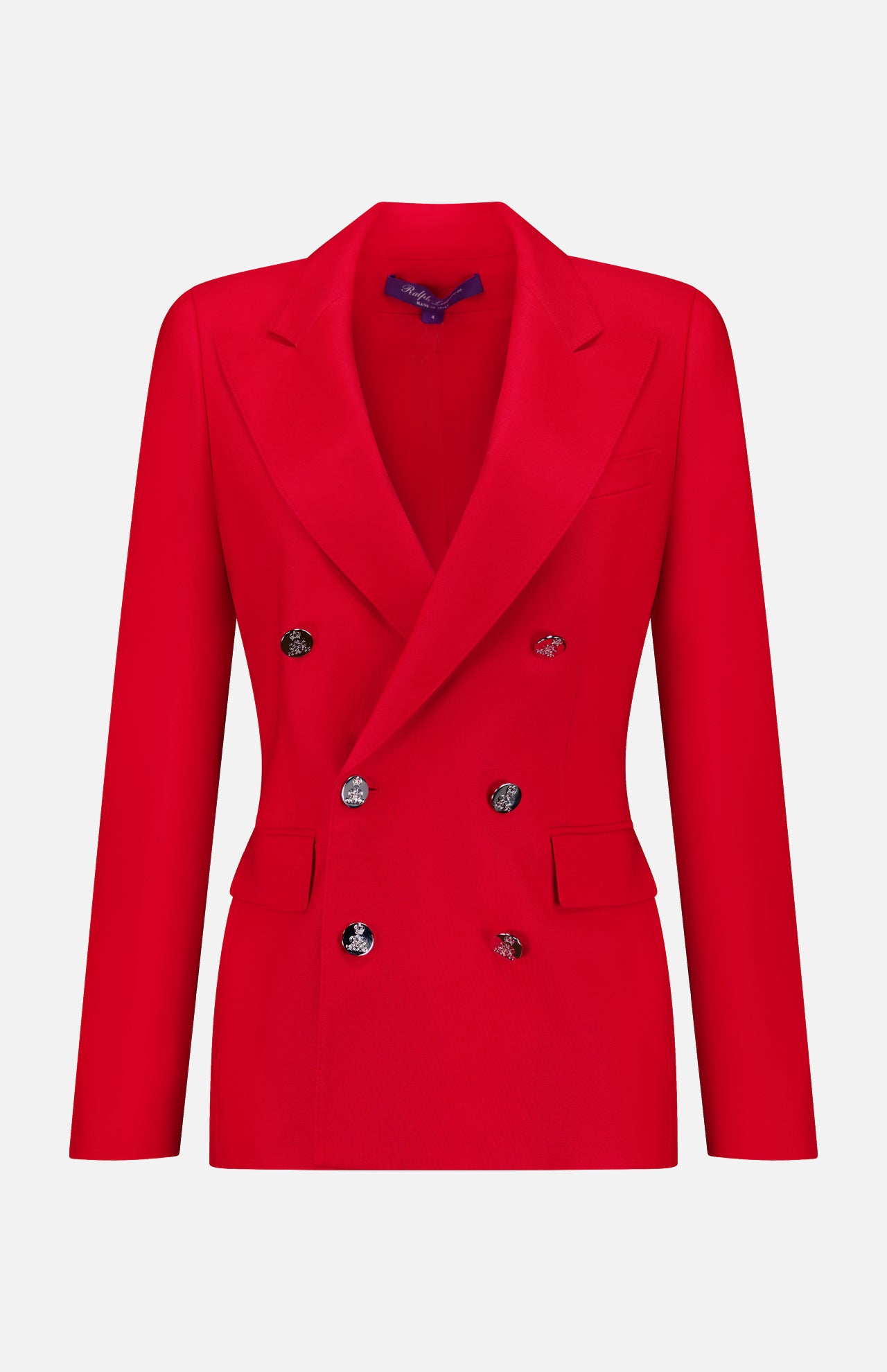 A striking red Camden Cashmere Jacket by RALPH LAUREN COLLECTION with a double-breasted design, wide lapels, six silver buttons, two front pockets, and a tailored fit is shown against a plain white background.