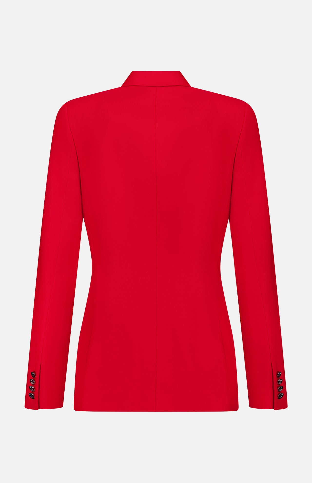 A vibrant red Camden Cashmere Jacket by RALPH LAUREN COLLECTION is displayed from the back, showcasing its tailored fit, long sleeves, and three-button cuffs.