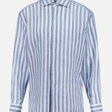 The Capri Long Sleeve Button Front Shirt by RALPH LAUREN COLLECTION is an Italian-made blue striped linen shirt with long sleeves, classic collar, and cuffed sleeves, shown on a plain white background.