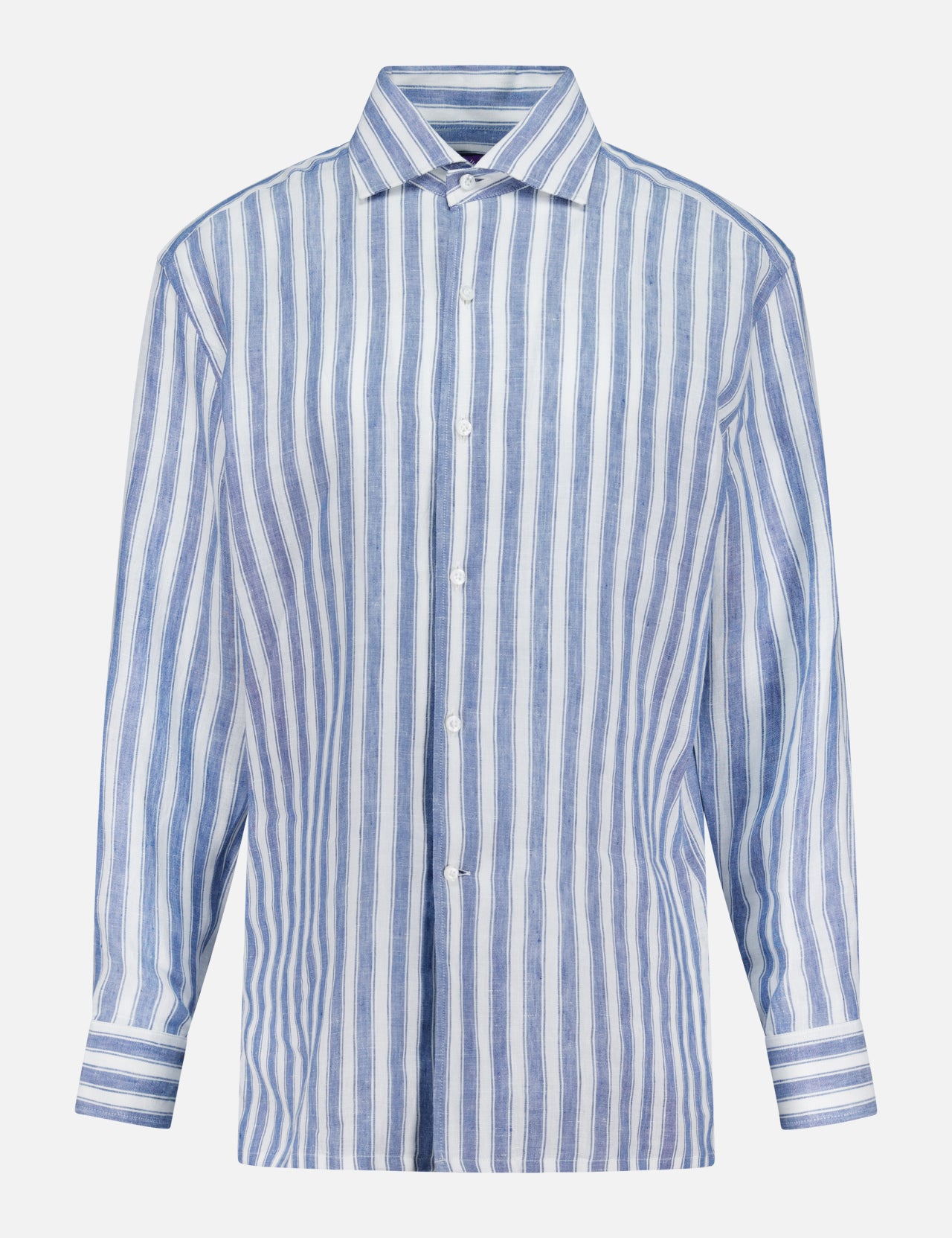 The Capri Long Sleeve Button Front Shirt by RALPH LAUREN COLLECTION is an Italian-made blue striped linen shirt with long sleeves, classic collar, and cuffed sleeves, shown on a plain white background.