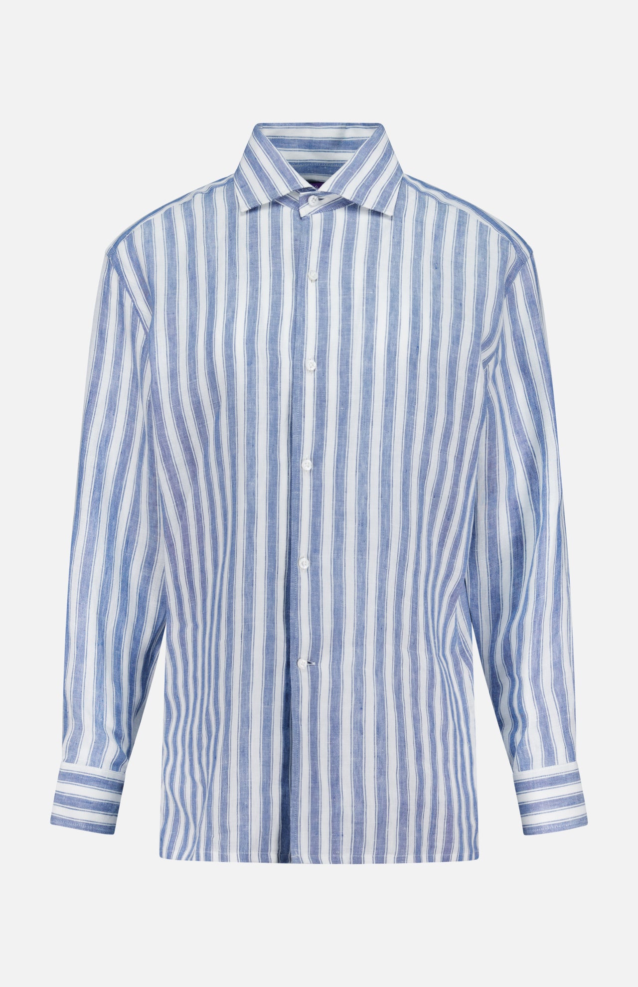 The Capri Long Sleeve Button Front Shirt by RALPH LAUREN COLLECTION is an Italian-made blue striped linen shirt with long sleeves, classic collar, and cuffed sleeves, shown on a plain white background.