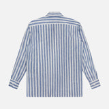 The Capri Long Sleeve Button Front Shirt by RALPH LAUREN COLLECTION features classic blue and white vertical stripes, long sleeves, a collar, and buttoned cuffs for a timeless look. Shown from the back; made in Italy.