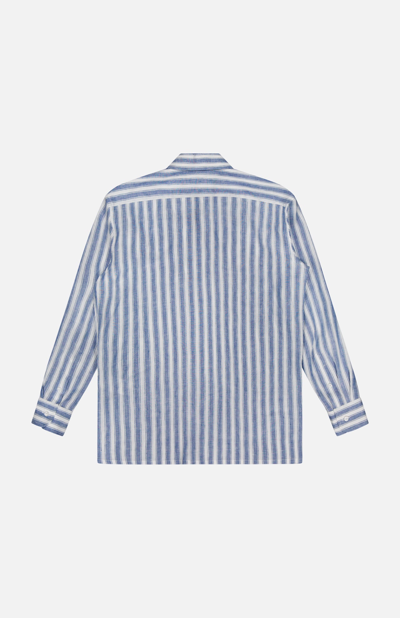 The Capri Long Sleeve Button Front Shirt by RALPH LAUREN COLLECTION features classic blue and white vertical stripes, long sleeves, a collar, and buttoned cuffs for a timeless look. Shown from the back; made in Italy.