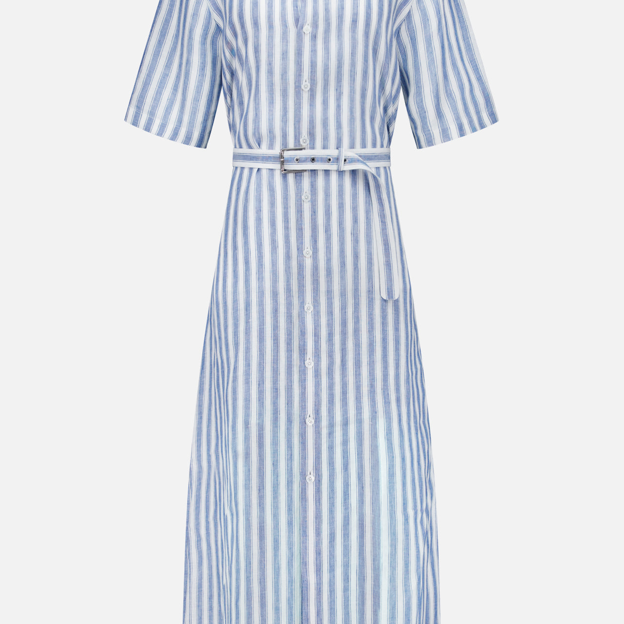 The Carol Short Sleeve Day Dress by RALPH LAUREN COLLECTION features light blue and white vertical stripes, a collar, short sleeves, button-down front, and a matching waist belt.