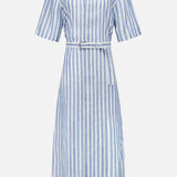 The Carol Short Sleeve Day Dress by RALPH LAUREN COLLECTION features light blue and white vertical stripes, a collar, short sleeves, button-down front, and a matching waist belt.