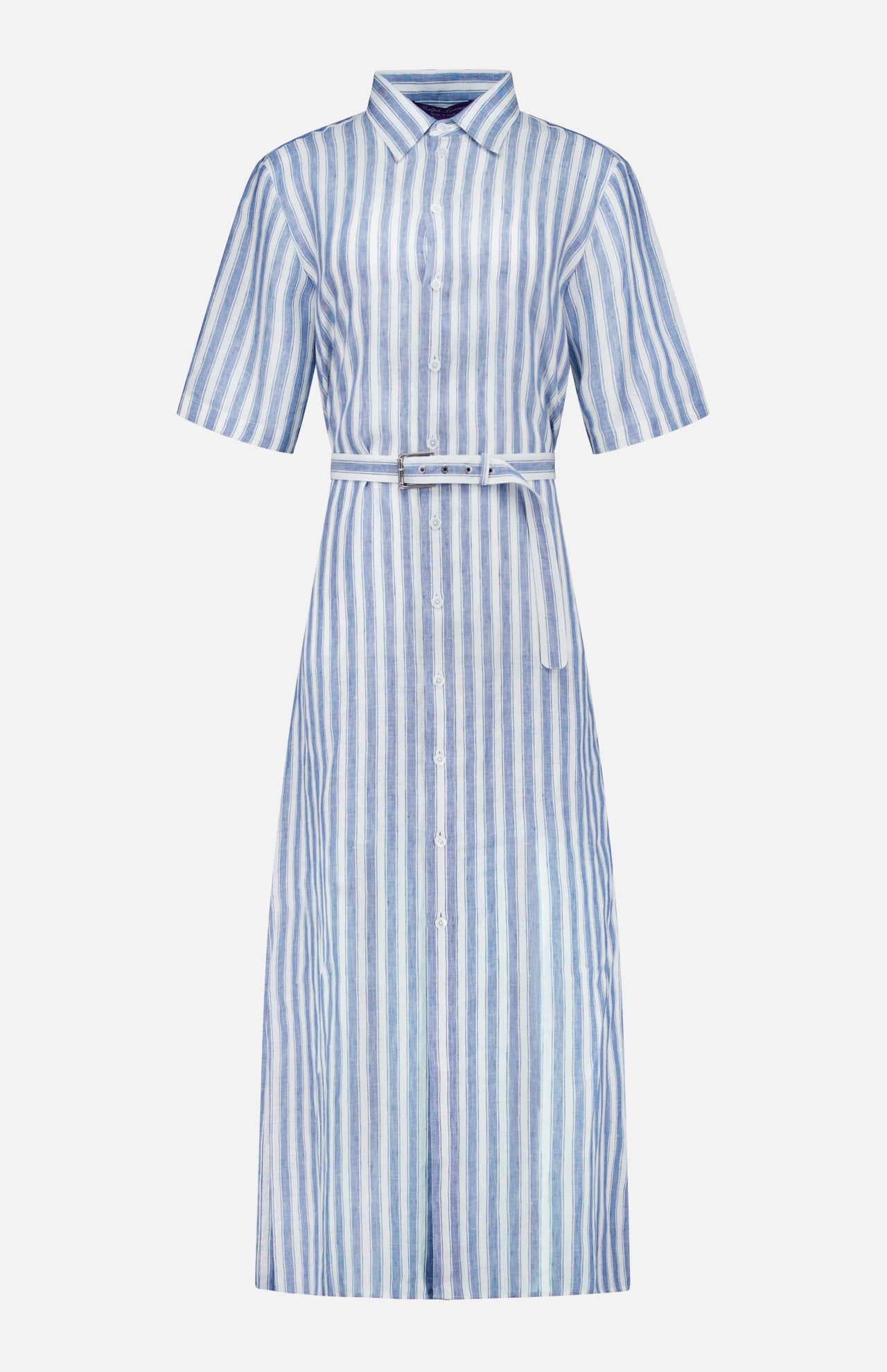 The Carol Short Sleeve Day Dress by RALPH LAUREN COLLECTION features light blue and white vertical stripes, a collar, short sleeves, button-down front, and a matching waist belt.