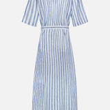 The Carol Short Sleeve Day Dress by RALPH LAUREN COLLECTION features blue and white vertical stripes, a waist tie, and a collar. Crafted from linen, this shirtdress is shown from the back.