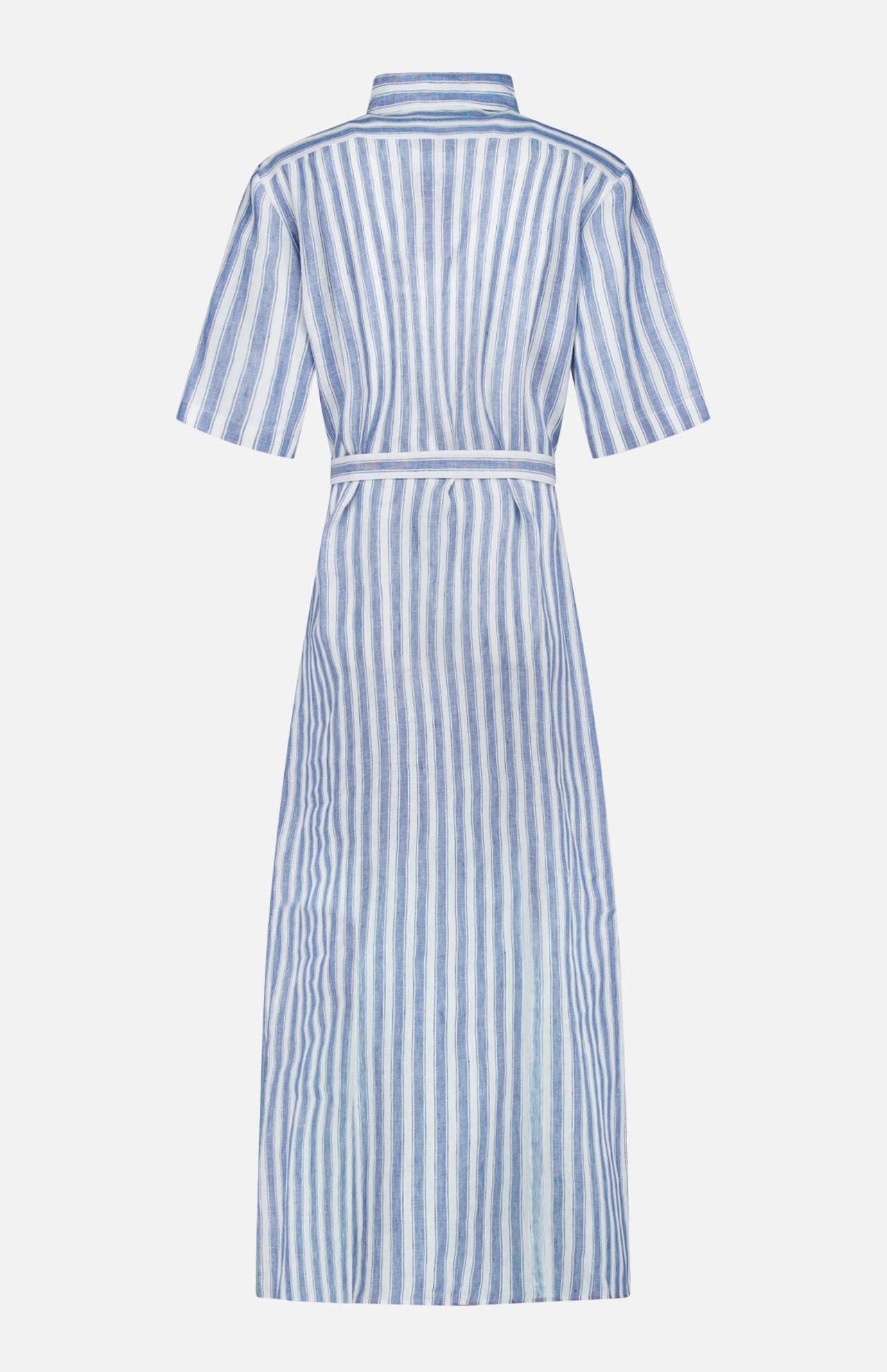 The Carol Short Sleeve Day Dress by RALPH LAUREN COLLECTION features blue and white vertical stripes, a waist tie, and a collar. Crafted from linen, this shirtdress is shown from the back.