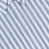 Close-up of the Carol Short Sleeve Day Dress by RALPH LAUREN COLLECTION, featuring blue and white vertical stripes, white buttons, a pointed collar, and a label highlighting its Italian craftsmanship.