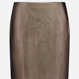 The Carreen Leather Mini Pencil Skirt by RALPH LAUREN COLLECTION is a high-waisted, metallic bronze mini skirt crafted from a shiny leather-like material, showcased against a plain white background.