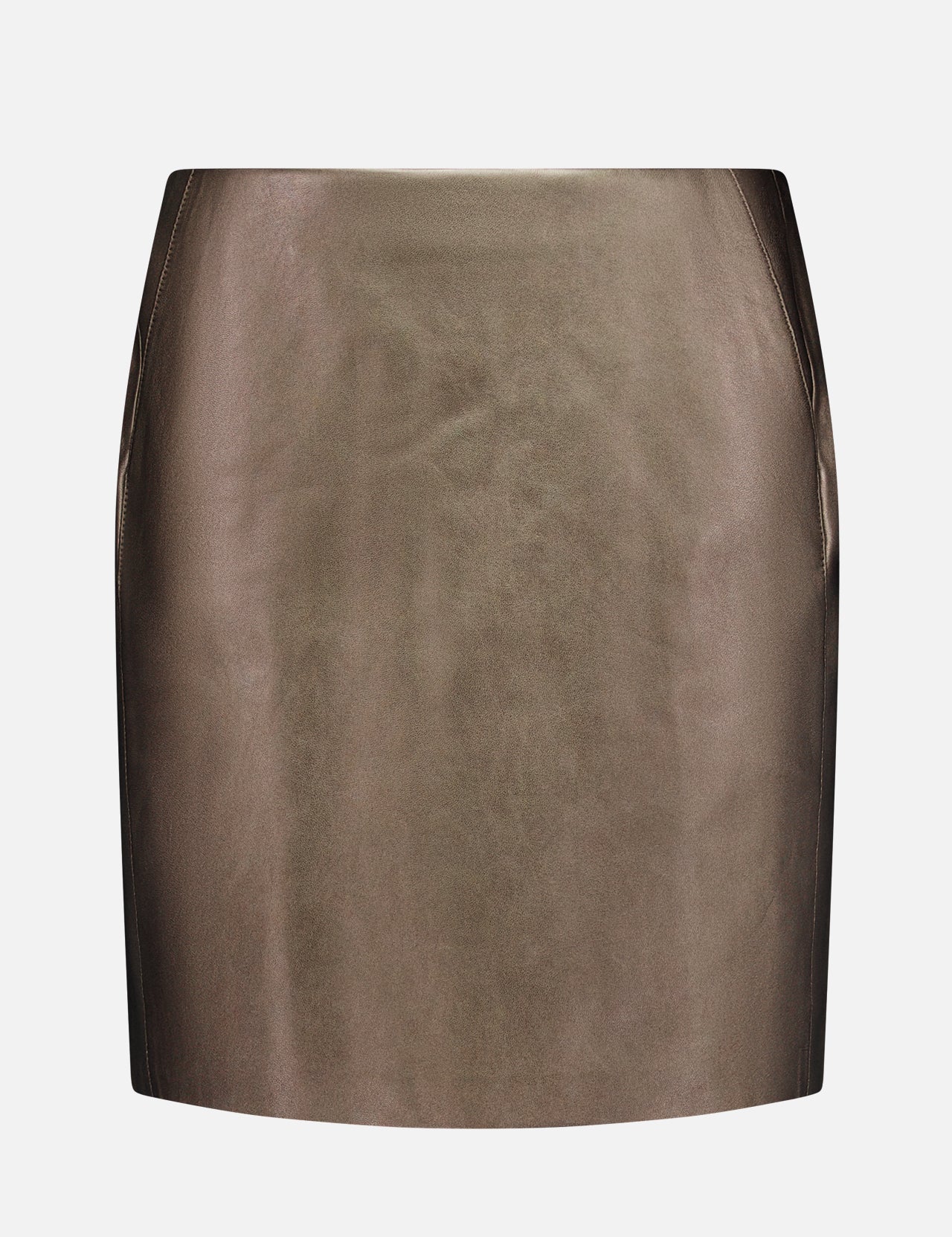 The Carreen Leather Mini Pencil Skirt by RALPH LAUREN COLLECTION is a high-waisted, metallic bronze mini skirt crafted from a shiny leather-like material, showcased against a plain white background.