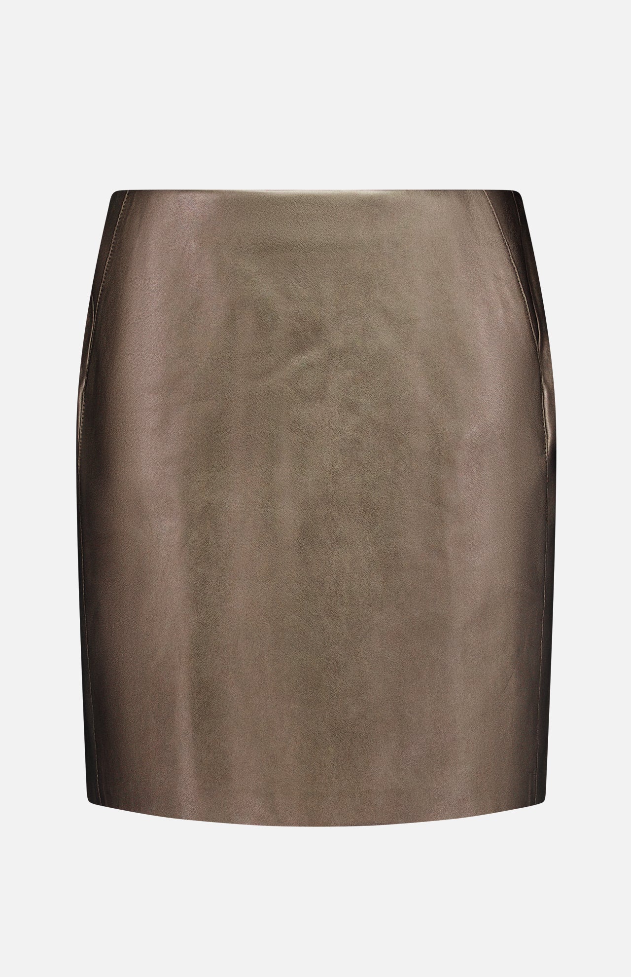The Carreen Leather Mini Pencil Skirt by RALPH LAUREN COLLECTION is a high-waisted, metallic bronze mini skirt crafted from a shiny leather-like material, showcased against a plain white background.
