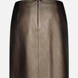 The Carreen Leather Mini Pencil Skirt by RALPH LAUREN COLLECTION features a metallic bronze hue, a back zipper, and a clean, simple silhouette. Crafted in luxe faux lambskin, this mini skirt is showcased against a plain white background.