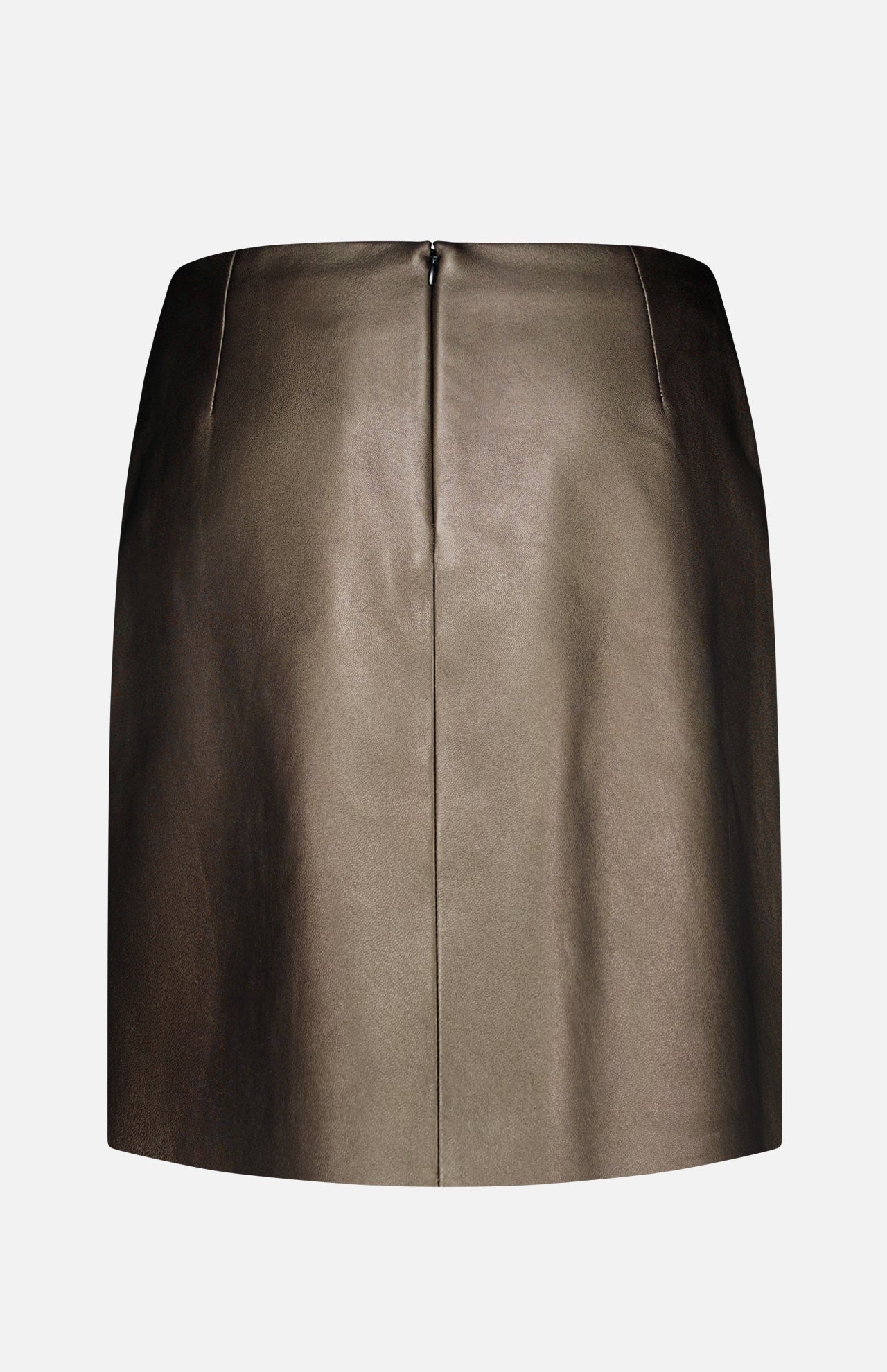 The Carreen Leather Mini Pencil Skirt by RALPH LAUREN COLLECTION features a metallic bronze hue, a back zipper, and a clean, simple silhouette. Crafted in luxe faux lambskin, this mini skirt is showcased against a plain white background.
