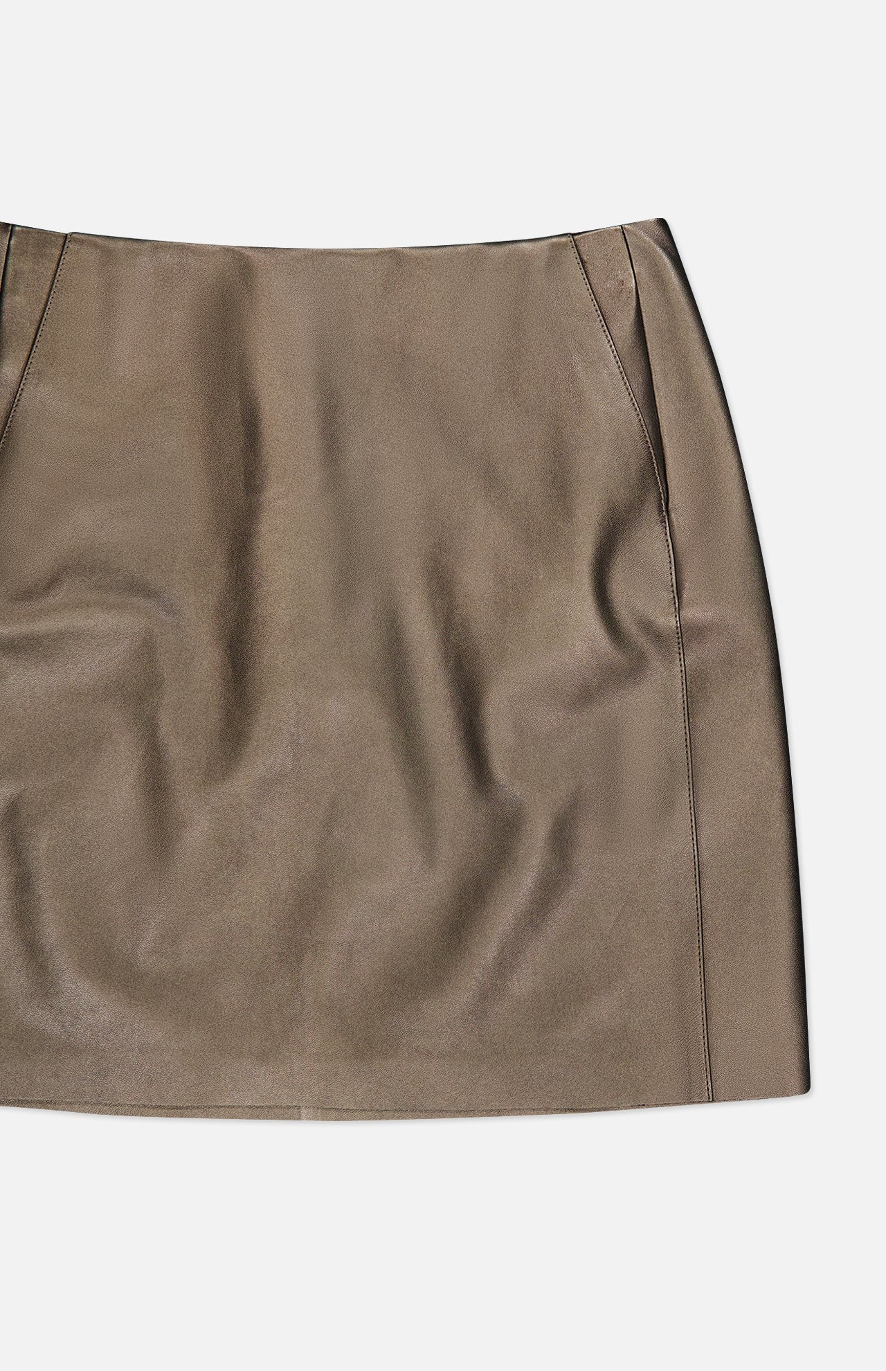 The Carreen Leather Mini Pencil Skirt from RALPH LAUREN COLLECTION, crafted in bronze leather with simple stitching and subtle pocket details, is displayed on a white background.