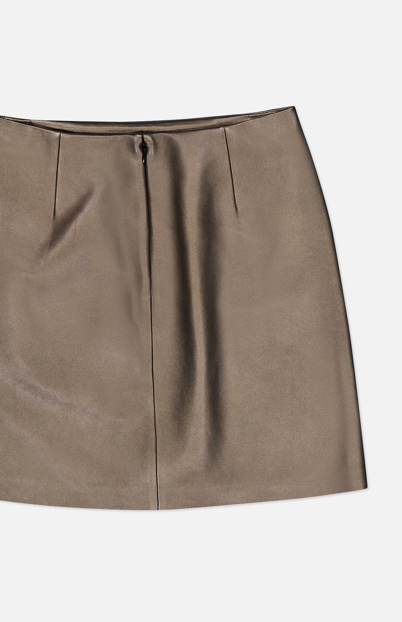 The Carreen Leather Mini Pencil Skirt by RALPH LAUREN COLLECTION is a bronze-hued mini skirt featuring a front seam and subtle pleats near the waistband, crafted from soft faux leather and displayed laid flat on a white background.