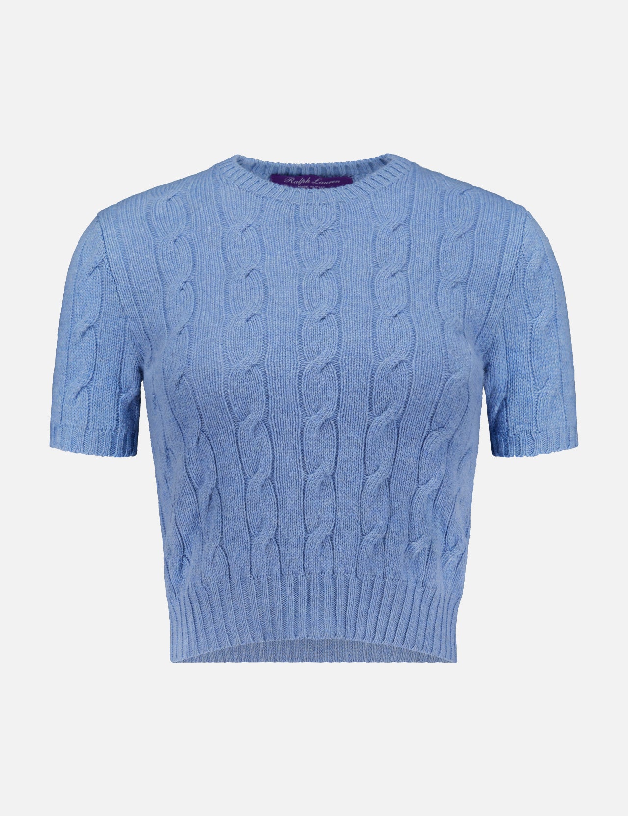 The RALPH LAUREN COLLECTION Cashmere Classic Cropped Pullover Sweater features a light blue cable knit, short sleeves, crew neckline, and ribbed hem. This slim-fit sweater offers a flattering silhouette and timeless style on a white background.