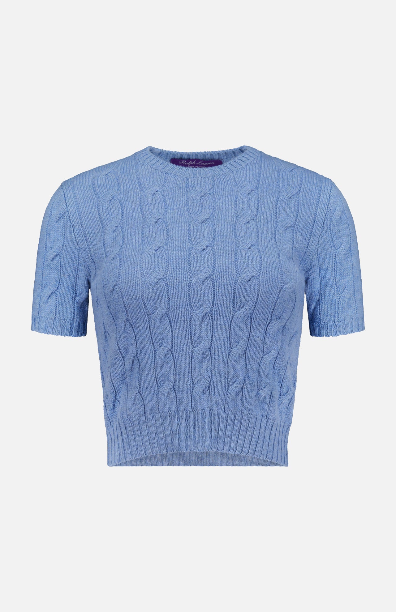The RALPH LAUREN COLLECTION Cashmere Classic Cropped Pullover Sweater features a light blue cable knit, short sleeves, crew neckline, and ribbed hem. This slim-fit sweater offers a flattering silhouette and timeless style on a white background.