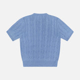 The RALPH LAUREN COLLECTION Cashmere Classic Cropped Pullover Sweater in light blue is shown laid flat on a white background, featuring a slim fit, cableknit design, and ribbed hems at the sleeves, neckline, and waist.