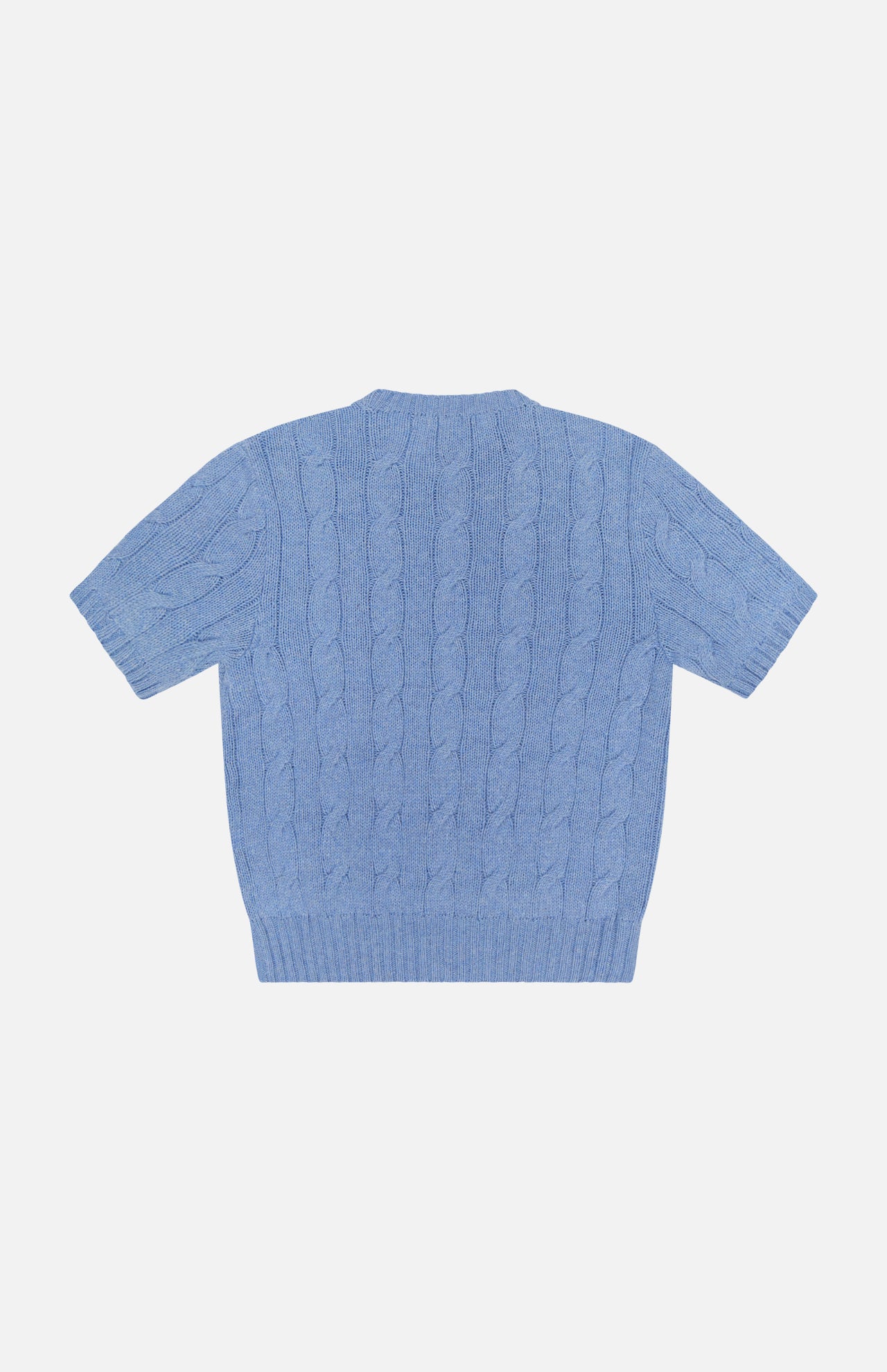 The RALPH LAUREN COLLECTION Cashmere Classic Cropped Pullover Sweater in light blue is shown laid flat on a white background, featuring a slim fit, cableknit design, and ribbed hems at the sleeves, neckline, and waist.
