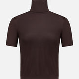 The RALPH LAUREN COLLECTION Cashmere Jersey Turtleneck Short Sleeve Sweater is a brown crop top with a high neck, shown against a plain white background.