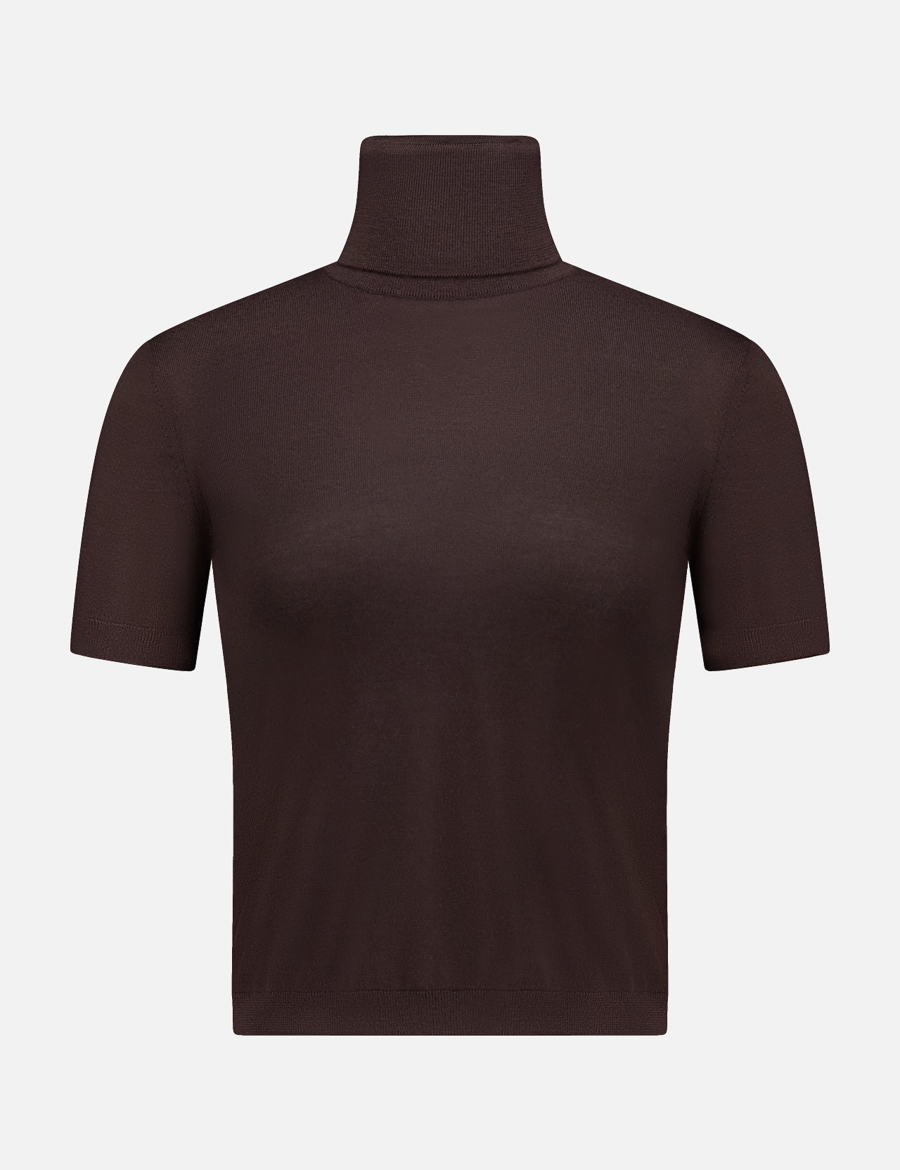 The RALPH LAUREN COLLECTION Cashmere Jersey Turtleneck Short Sleeve Sweater is a brown crop top with a high neck, shown against a plain white background.