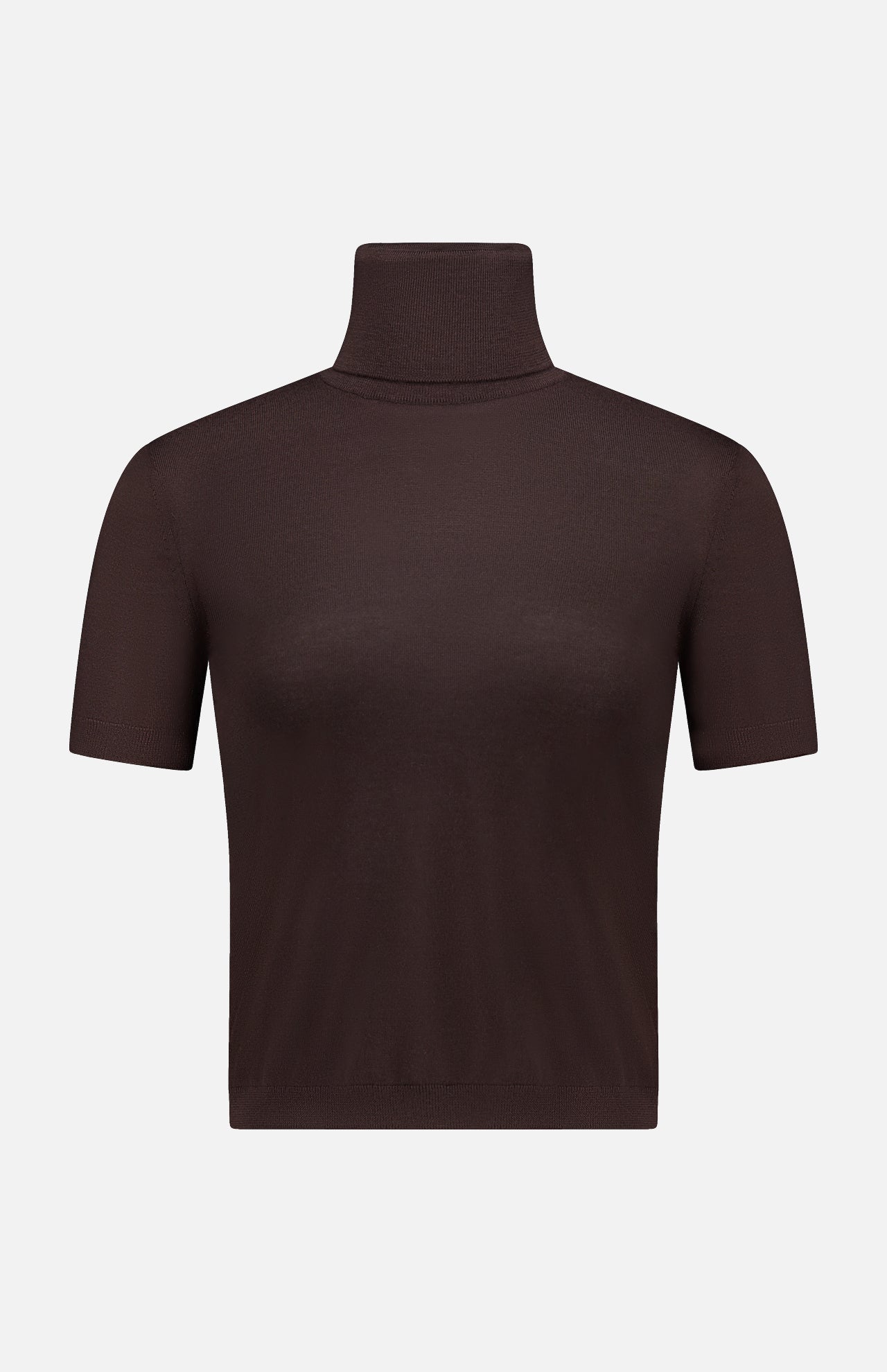 The RALPH LAUREN COLLECTION Cashmere Jersey Turtleneck Short Sleeve Sweater is a brown crop top with a high neck, shown against a plain white background.