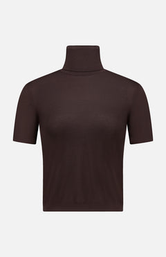 The RALPH LAUREN COLLECTION Cashmere Jersey Turtleneck Short Sleeve Sweater is a brown crop top with a high neck, shown against a plain white background.