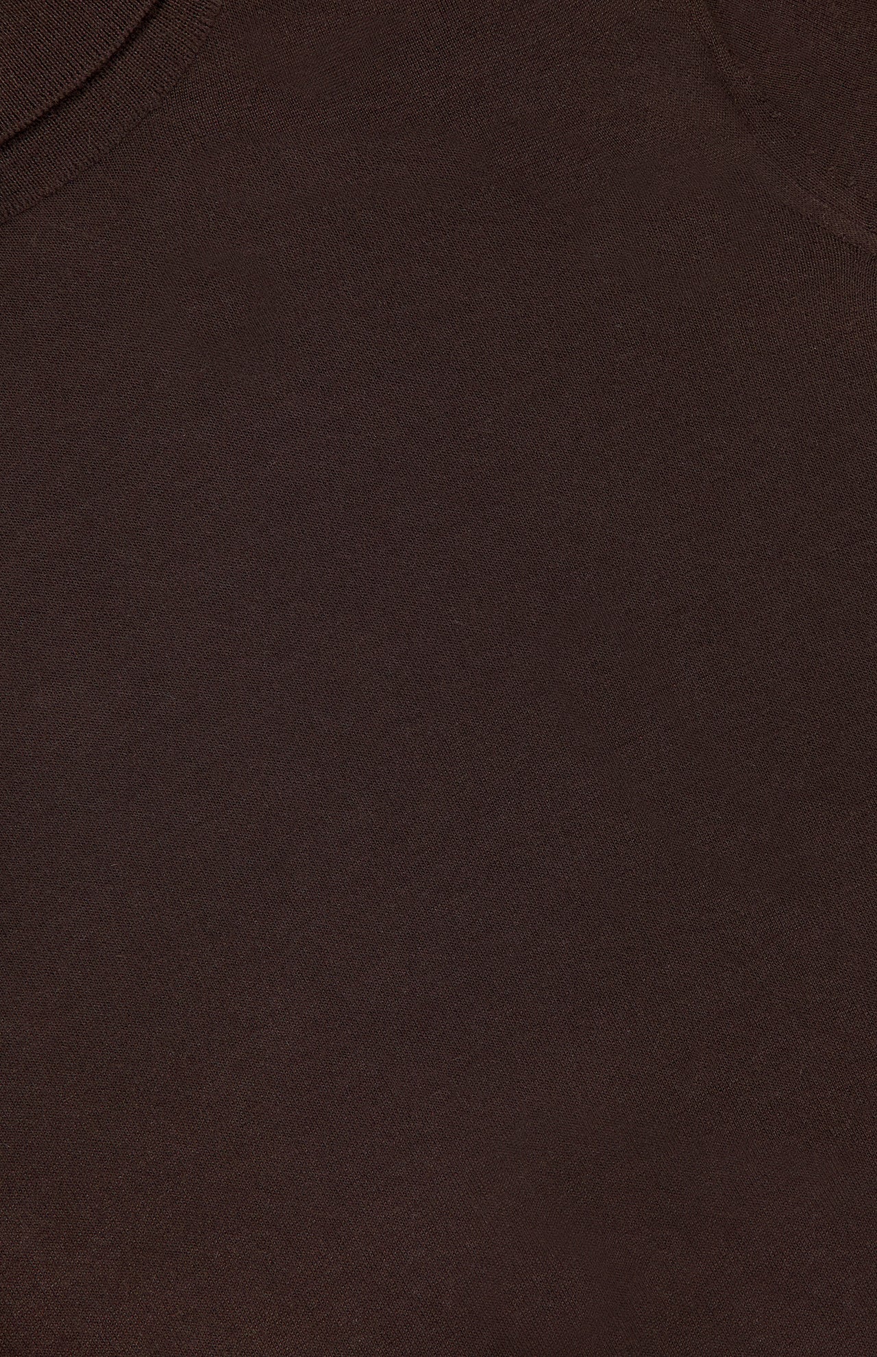 Close-up of the RALPH LAUREN COLLECTION Cashmere Jersey Turtleneck Short Sleeve Sweater in brown, highlighting its smooth cashmere texture and detailed edge stitching.