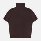 Back view of a short-sleeved, dark brown Cashmere Jersey Turtleneck Sweater by RALPH LAUREN COLLECTION, laid flat on white. The boxy fit and soft texture evoke casual elegance, with no visible buttons or patterns.
