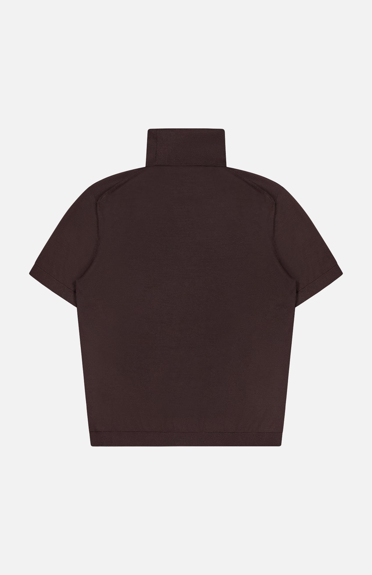 Back view of a short-sleeved, dark brown Cashmere Jersey Turtleneck Sweater by RALPH LAUREN COLLECTION, laid flat on white. The boxy fit and soft texture evoke casual elegance, with no visible buttons or patterns.