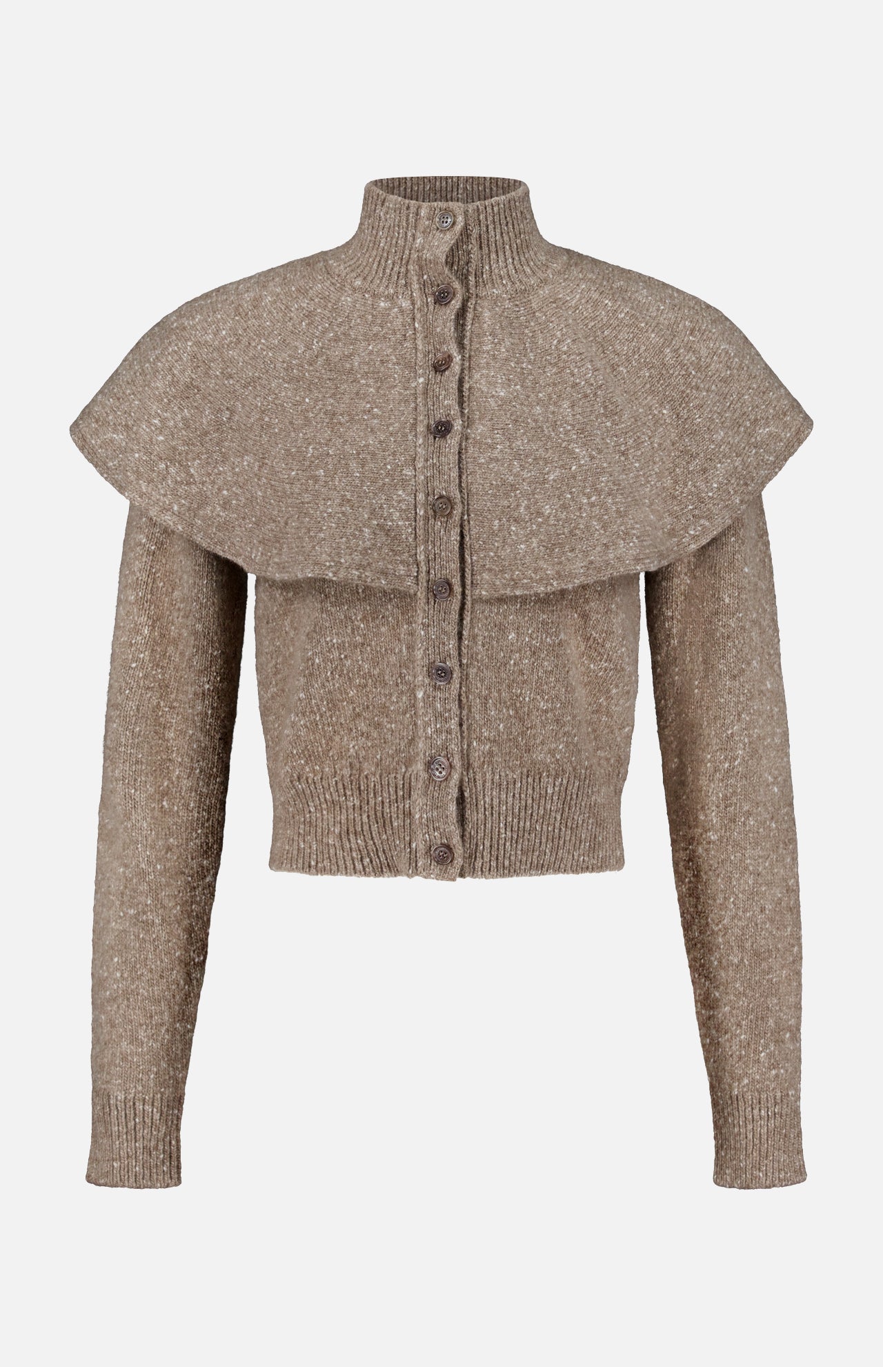 The Cashmere Turtleneck Cardigan Sweater by RALPH LAUREN COLLECTION is a taupe, knit long-sleeve piece featuring a high collar, front buttons, and a wide cape overlay across the shoulders.