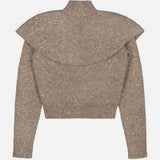 The Cashmere Turtleneck Cardigan Sweater by RALPH LAUREN COLLECTION is shown laid flat on a white background, featuring long sleeves, ribbed cuffs and hem, and a wide cape overlay detail across the shoulders in a brown knit.