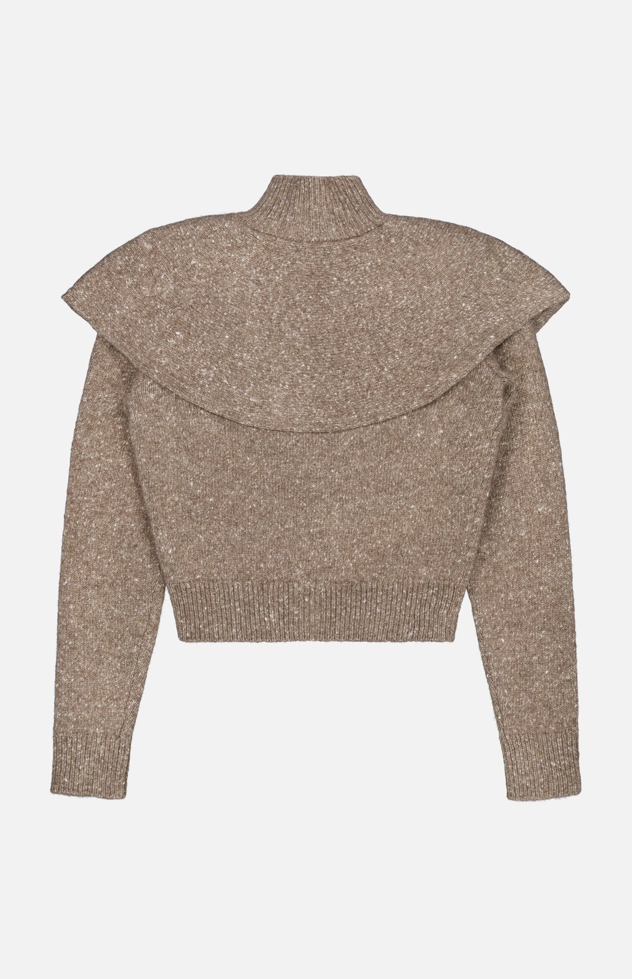 The Cashmere Turtleneck Cardigan Sweater by RALPH LAUREN COLLECTION is shown laid flat on a white background, featuring long sleeves, ribbed cuffs and hem, and a wide cape overlay detail across the shoulders in a brown knit.