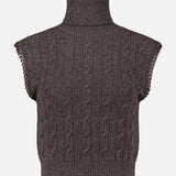 The RALPH LAUREN COLLECTION Cashmere Turtleneck Sleeveless Sweater features a brown cableknit design with ribbed edges and a high collar, shown against a plain white background.
