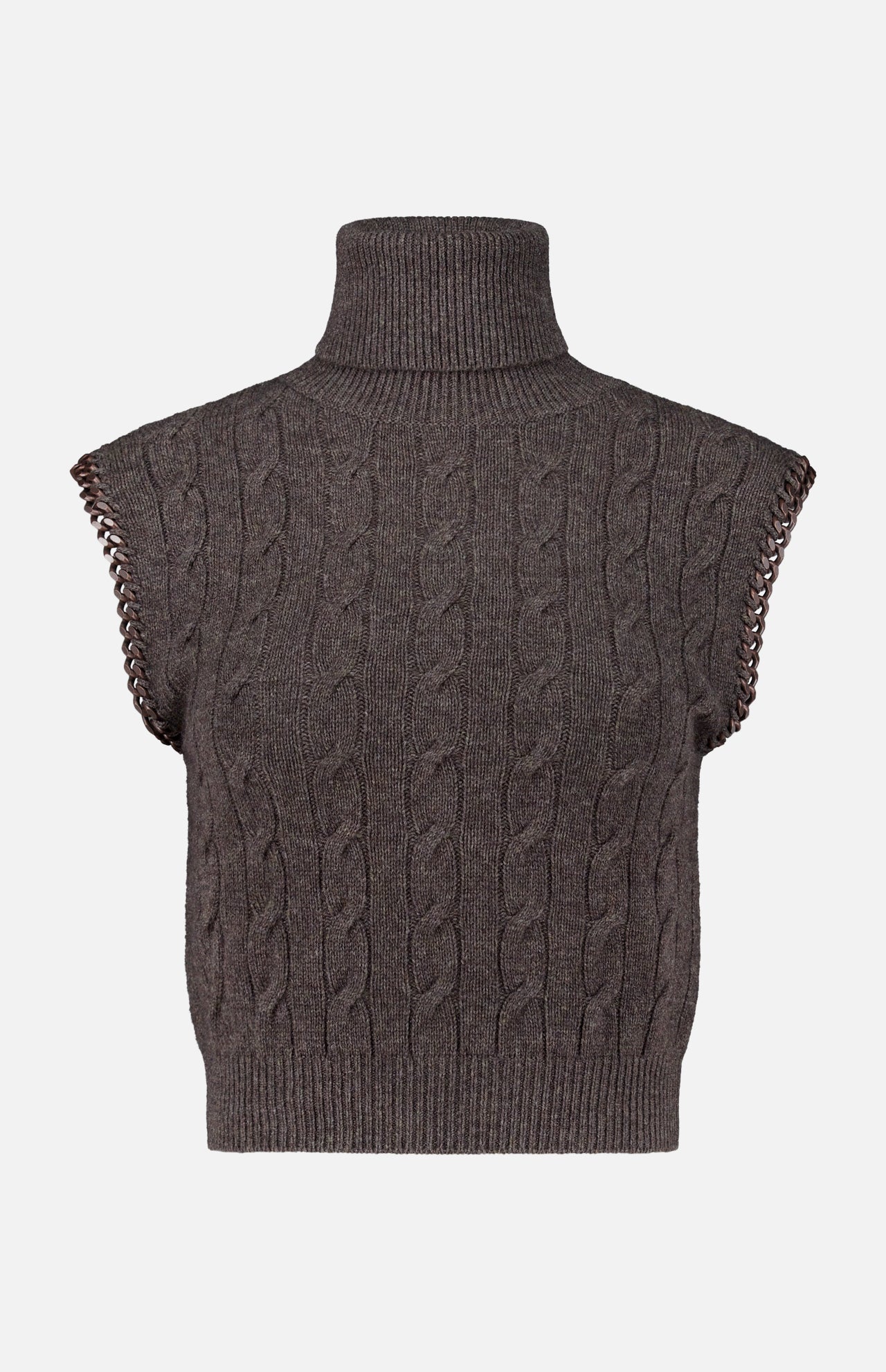 The RALPH LAUREN COLLECTION Cashmere Turtleneck Sleeveless Sweater features a brown cableknit design with ribbed edges and a high collar, shown against a plain white background.