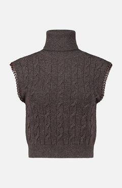 The RALPH LAUREN COLLECTION Cashmere Turtleneck Sleeveless Sweater features a brown cableknit design with ribbed edges and a high collar, shown against a plain white background.