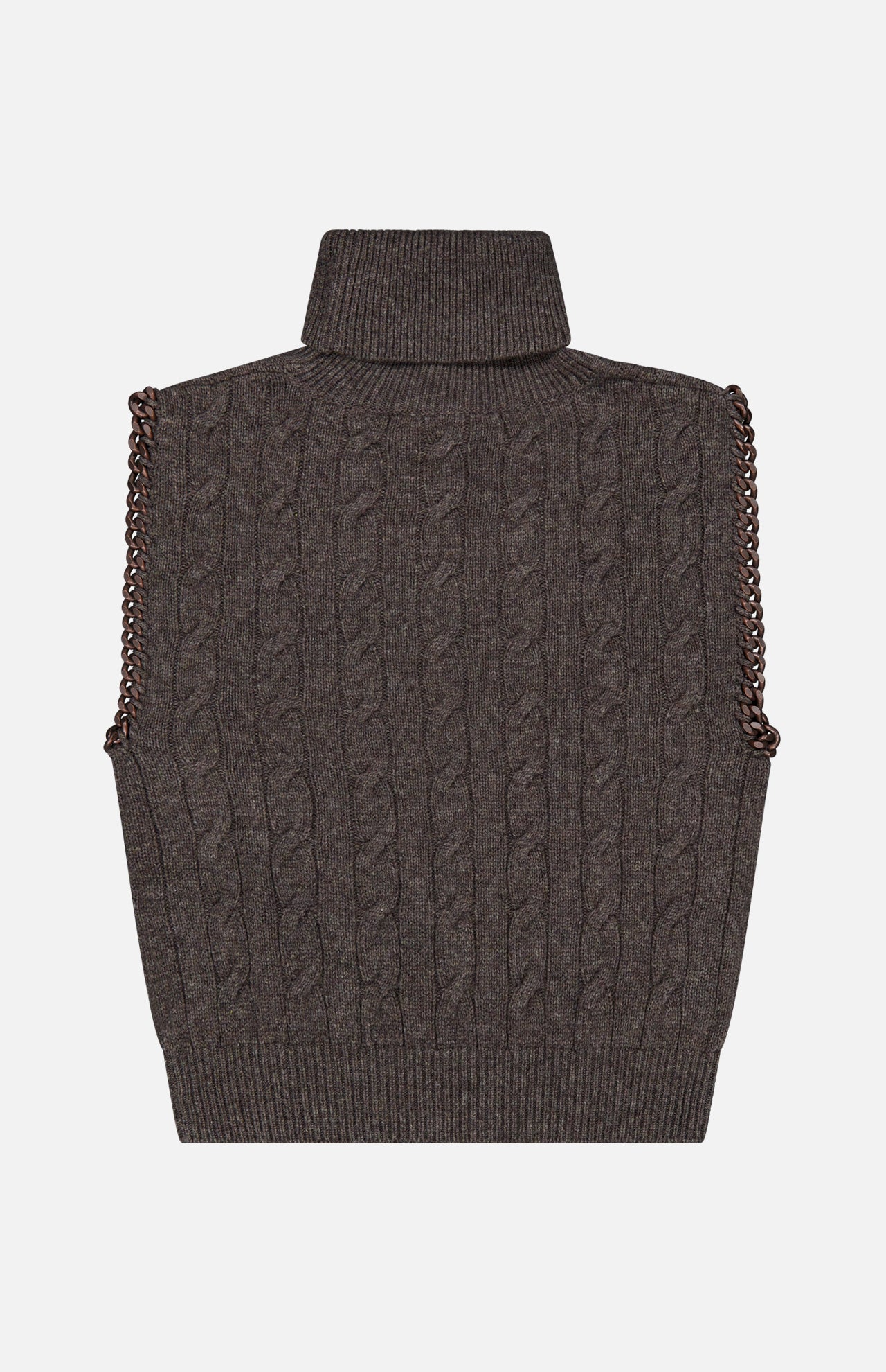 The RALPH LAUREN COLLECTION Cashmere Turtleneck Sleeveless Sweater in dark brown showcases a classic cable-knit design with a modern twist, featuring a ribbed collar and hem and chain detailing along the armholes. Displayed against a plain white background, this versatile piece reimagines the timeless sleeveless turtleneck silhouette in luxurious cashmere.