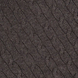 Close-up of the RALPH LAUREN COLLECTION Cashmere Turtleneck Sleeveless Sweater, highlighting its brown cable-knit design with a repeating braided pattern and ribbed neckline.