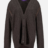 RALPH LAUREN COLLECTION dark brown cable-knit Cashmere V-Neck Cardigan sweater with a button front and metallic chain-link trim along the shoulders.