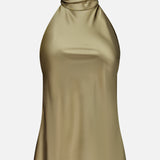 The Chilton Satin Sleeveless Blouse by RALPH LAUREN COLLECTION features a gold halter neck and high draped neckline, made in Italy and shown against a white background.