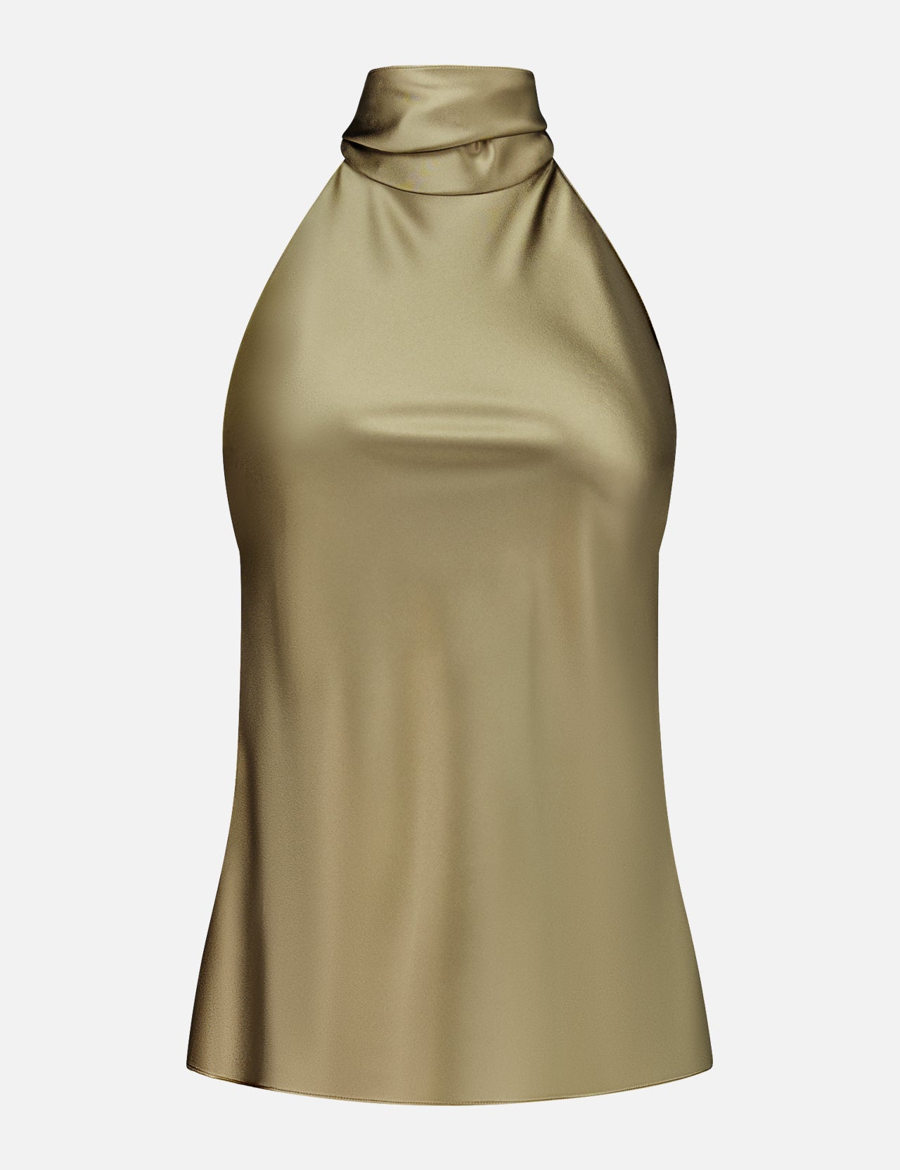 The Chilton Satin Sleeveless Blouse by RALPH LAUREN COLLECTION features a gold halter neck and high draped neckline, made in Italy and shown against a white background.