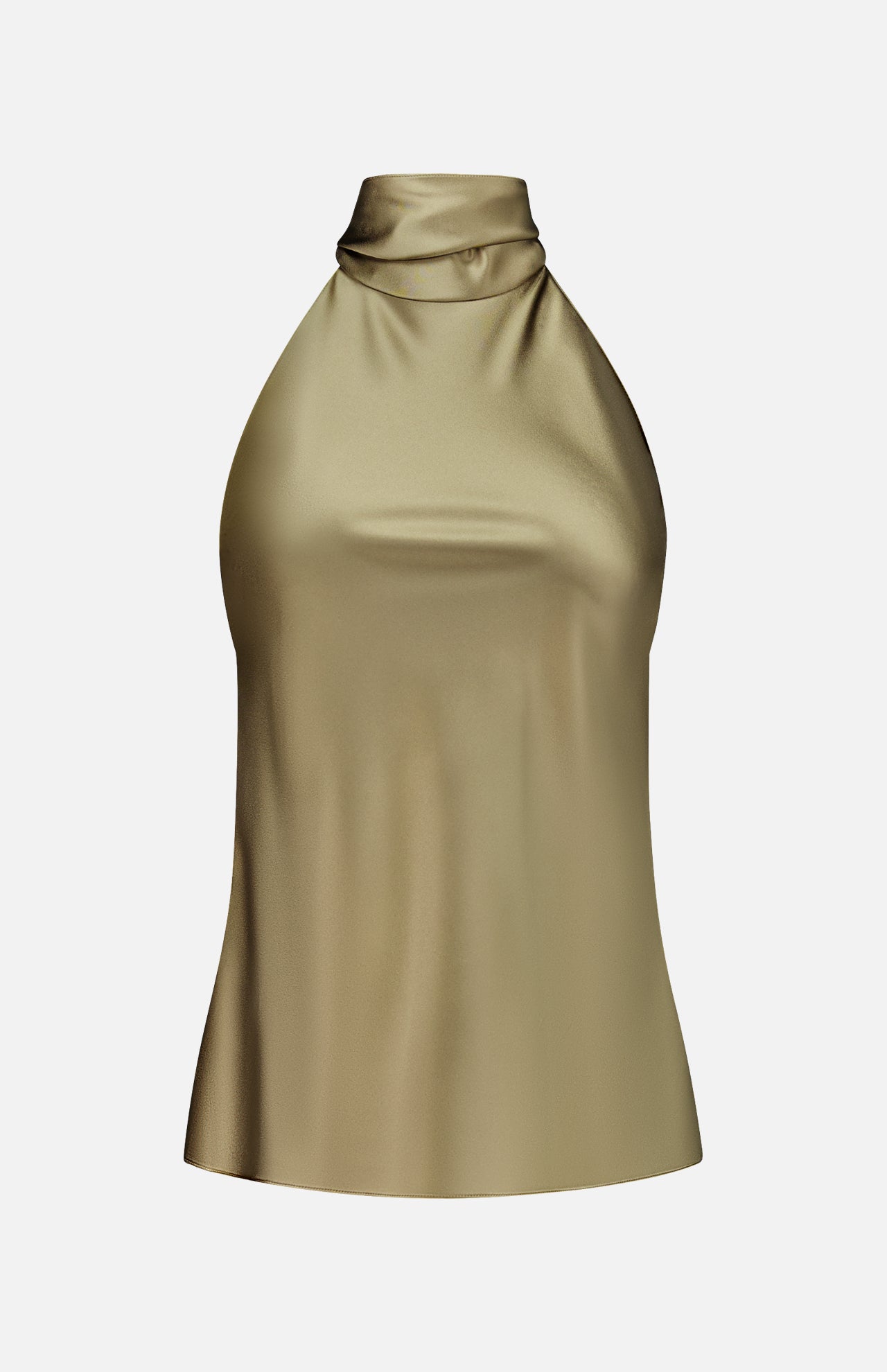 The Chilton Satin Sleeveless Blouse by RALPH LAUREN COLLECTION features a gold halter neck and high draped neckline, made in Italy and shown against a white background.
