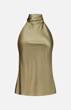 The Chilton Satin Sleeveless Blouse by RALPH LAUREN COLLECTION features a gold halter neck and high draped neckline, made in Italy and shown against a white background.