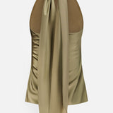 The Chilton Satin Sleeveless Blouse by RALPH LAUREN COLLECTION is an Italian-made, olive green halter top with a fitted silhouette and long draping tie-back detail at the neck.