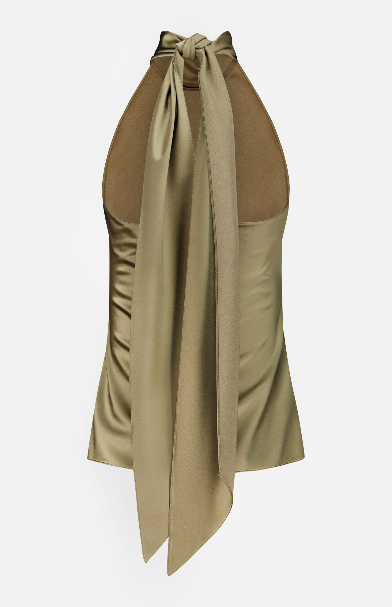 The Chilton Satin Sleeveless Blouse by RALPH LAUREN COLLECTION is an Italian-made, olive green halter top with a fitted silhouette and long draping tie-back detail at the neck.