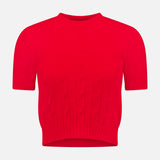 The RALPH LAUREN COLLECTION Classic Cashmere Short Sleeve Pullover Sweater features a bright red cableknit design with a crew neckline and ribbed hem, crafted in Italy, shown against a plain white background.