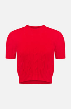 The RALPH LAUREN COLLECTION Classic Cashmere Short Sleeve Pullover Sweater features a bright red cableknit design with a crew neckline and ribbed hem, crafted in Italy, shown against a plain white background.